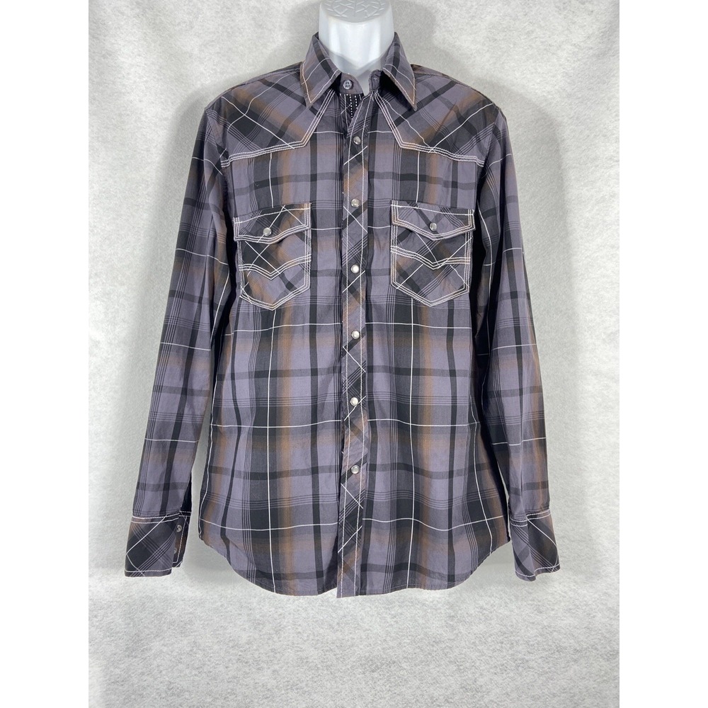 Rock & Roll Cowboy Shirt Mens Medium Gray Button Up‎ Long Sleeves Plaid Snap